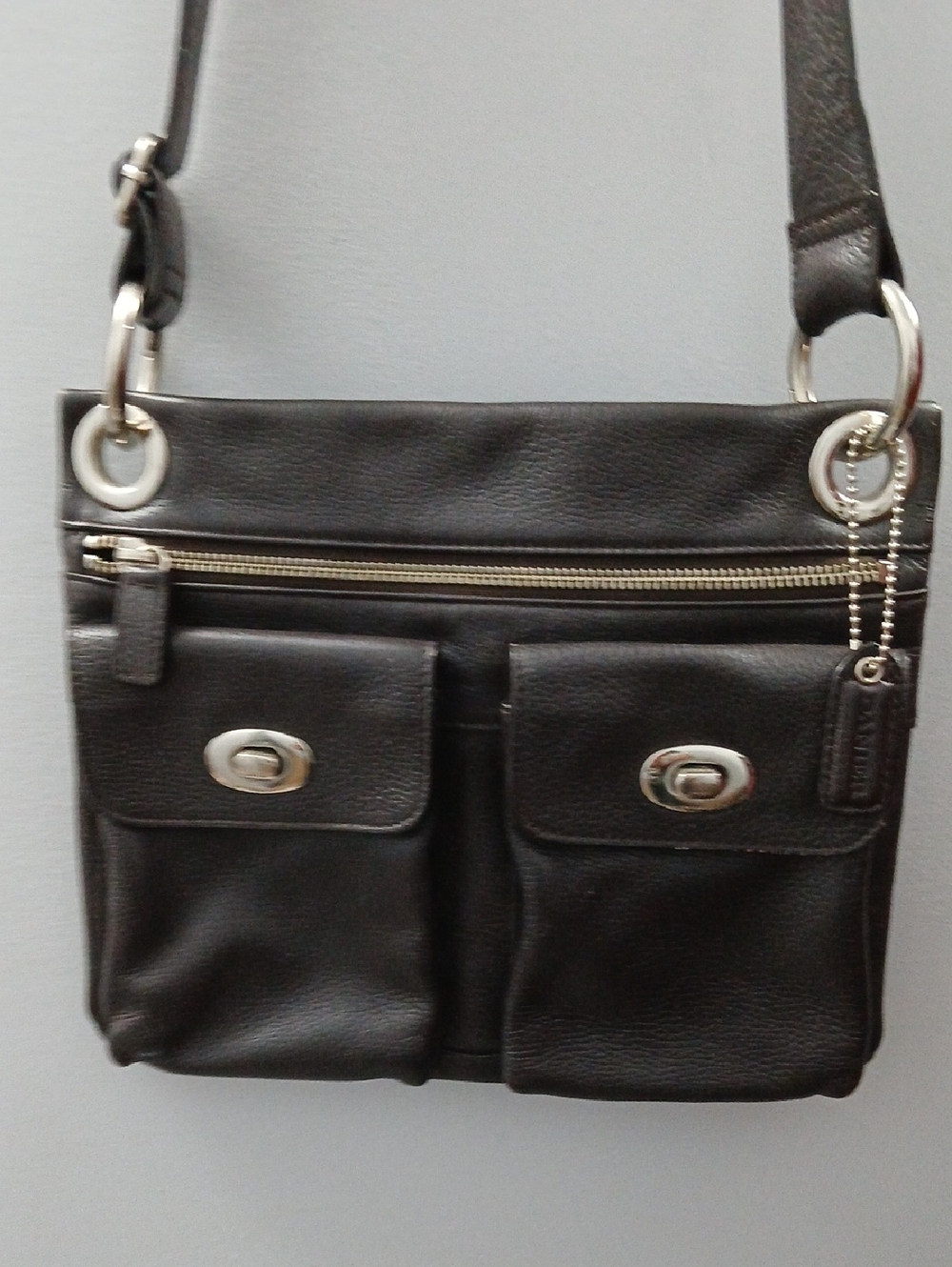 Danier Dark Brown Leather Messenger Bag with Silver Hardware